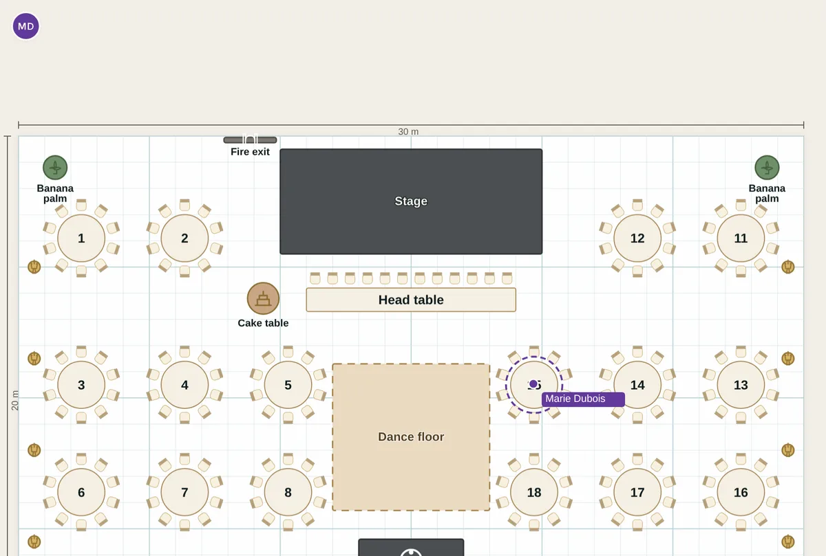 The floor plan editor as one planner sees it while a colleague, Marie Dubois, has table 15 selected — her avatar in the corner and her name on the table, in her colour.