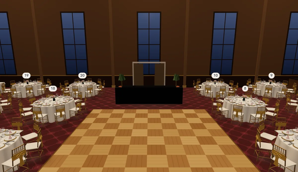 The same room at eye level, looking from the stage across the dance floor to the dressed tables, the tall windows and the entrance.