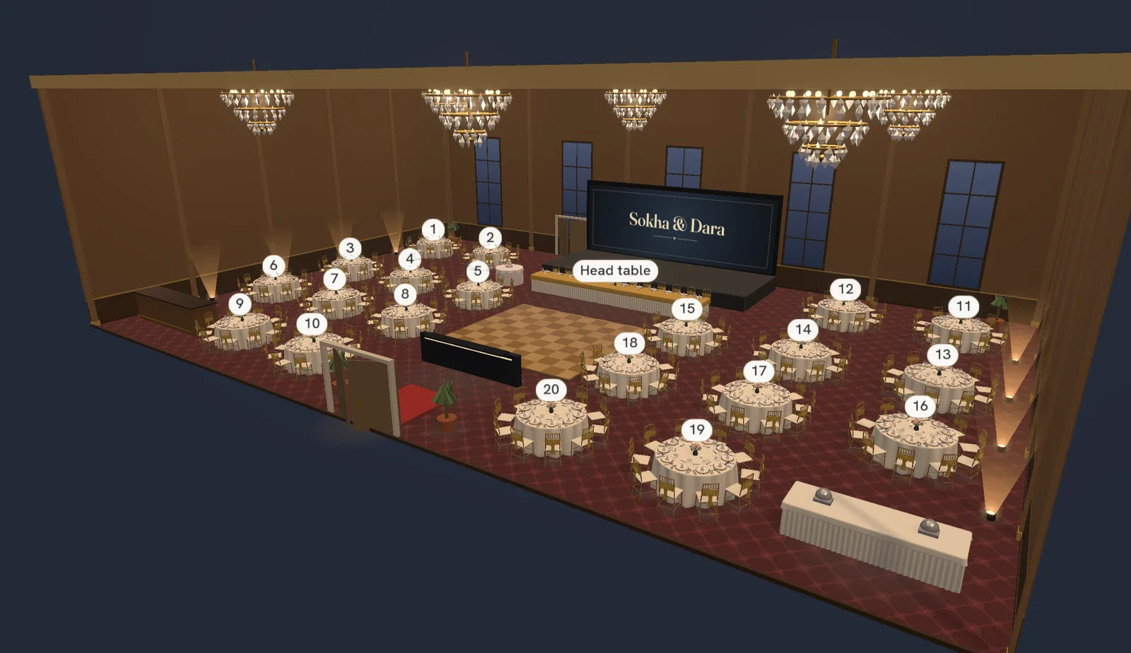 The live demo in 3D: a 30 by 20 metre grand ballroom set for a wedding — twenty round tables of ten around a parquet dance floor, a head table before the stage, and the couple's names on the screen behind it, under crystal chandeliers.